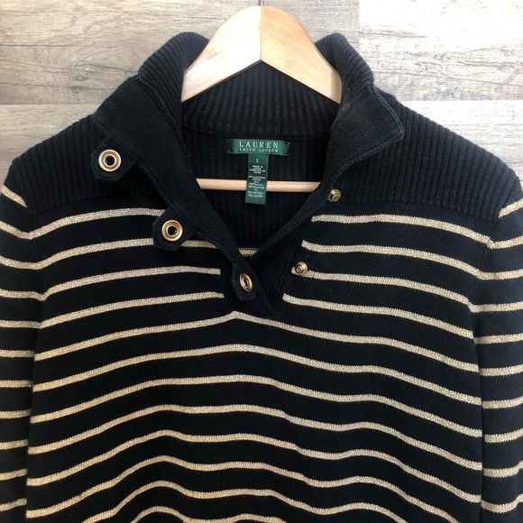 Lauren Ralph Lauren Navy and Gold Cotton Knit Turtleneck Sweater Large - Picture 4 of 8